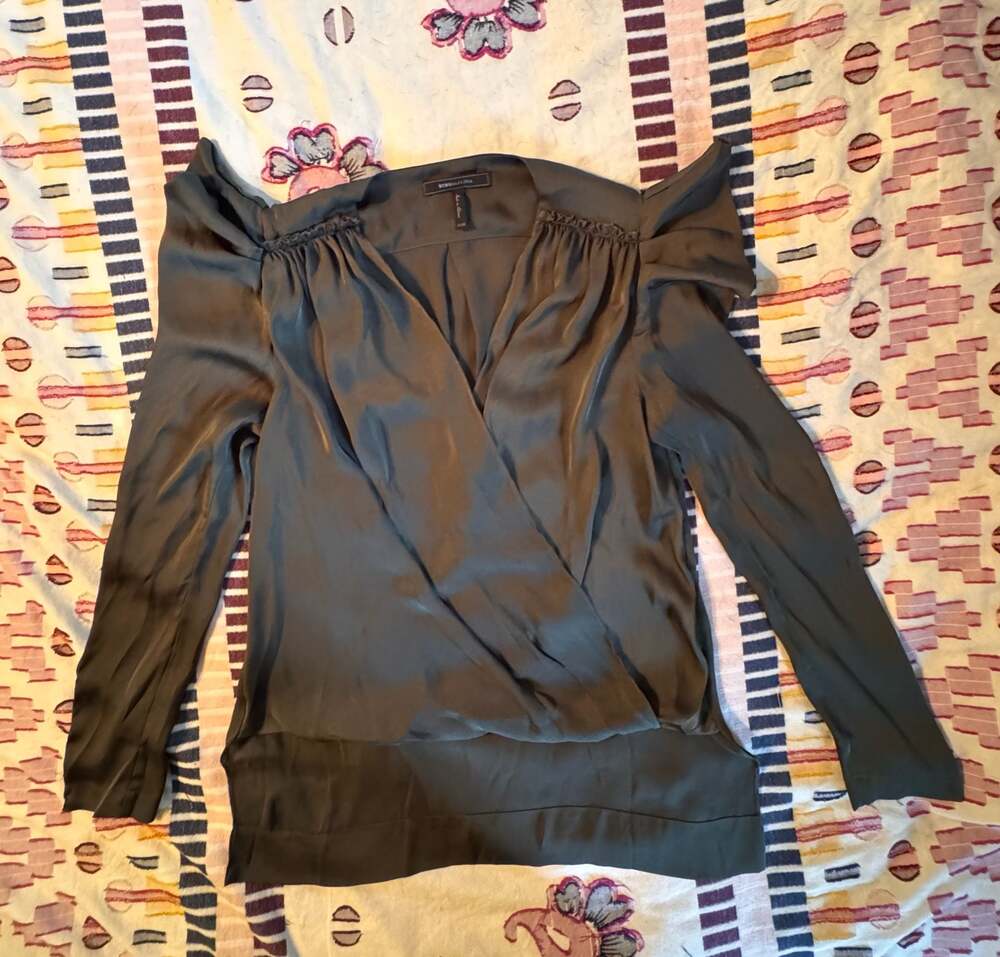 BCBGMAXAZRIA Satin Wrap Blouse Olive Green Quiet Luxury Romantic Puff Sleeve Top